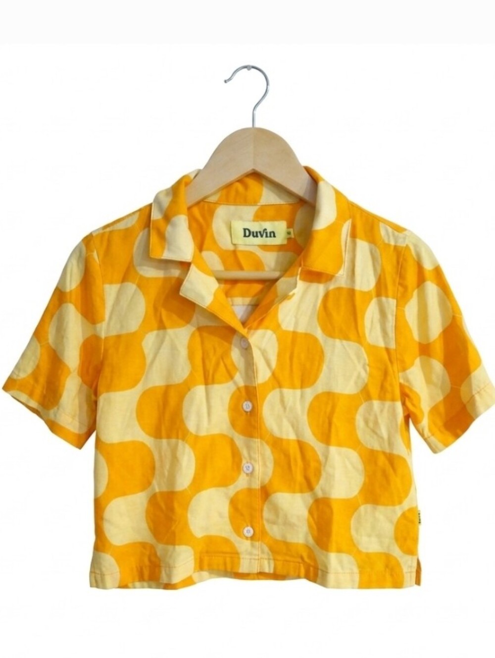 Duvin Yellow  Orange Geometric Short Sleeve Button Crop Shirt